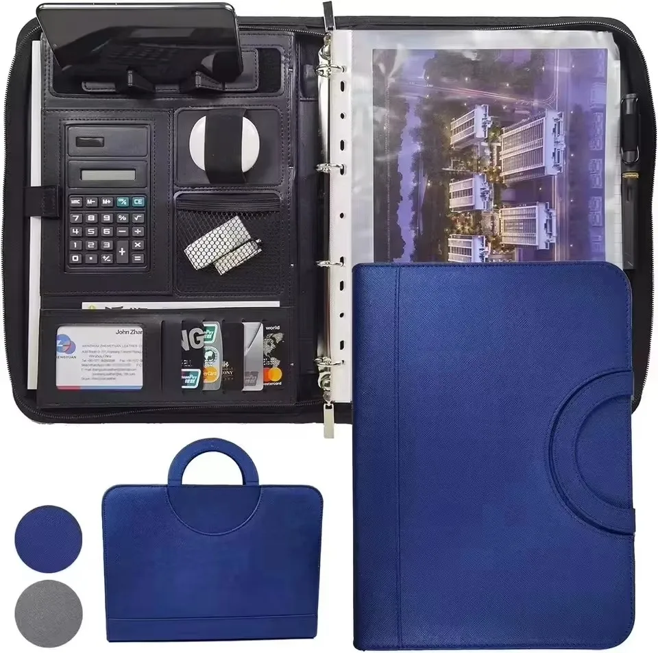 

Кожаная многофункциональная папка для конференций формата А4 — органайзер для деловых канцелярских файлов с застежкой-молнией и держателем для карт