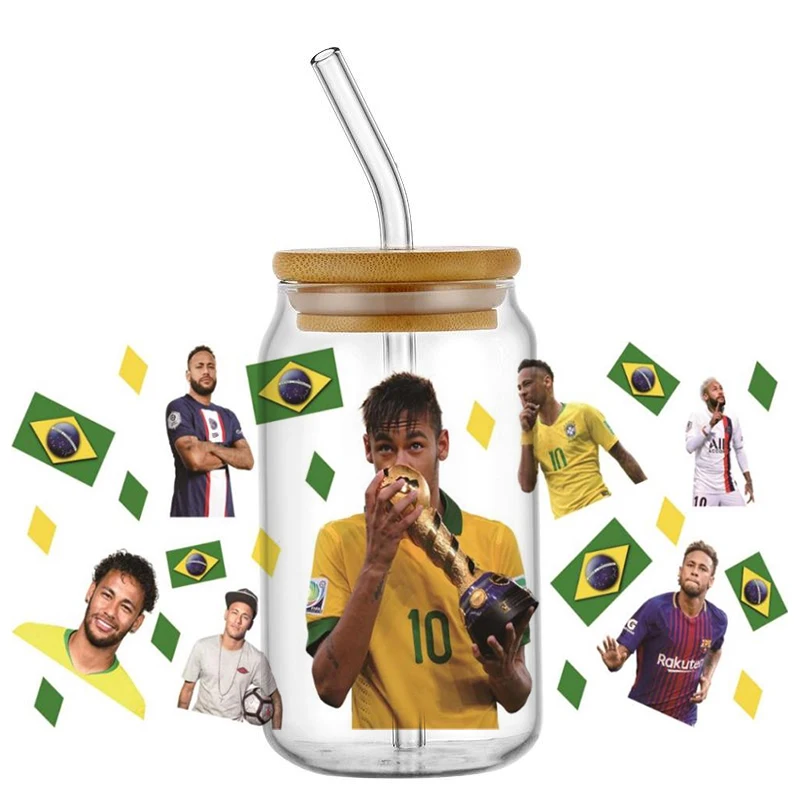 Football Star Neymar Decal Sticker 16oz UV DTF Cup Wrap Transfers Stickers Washable Custom Logo DIY Mug Sticker