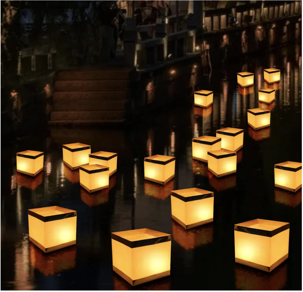 

20Pack Paper Floating Water Lanterns,Gold+White Square Memorial Candle Lantern,Table Lanterns Decorative Outdoor for Weeding