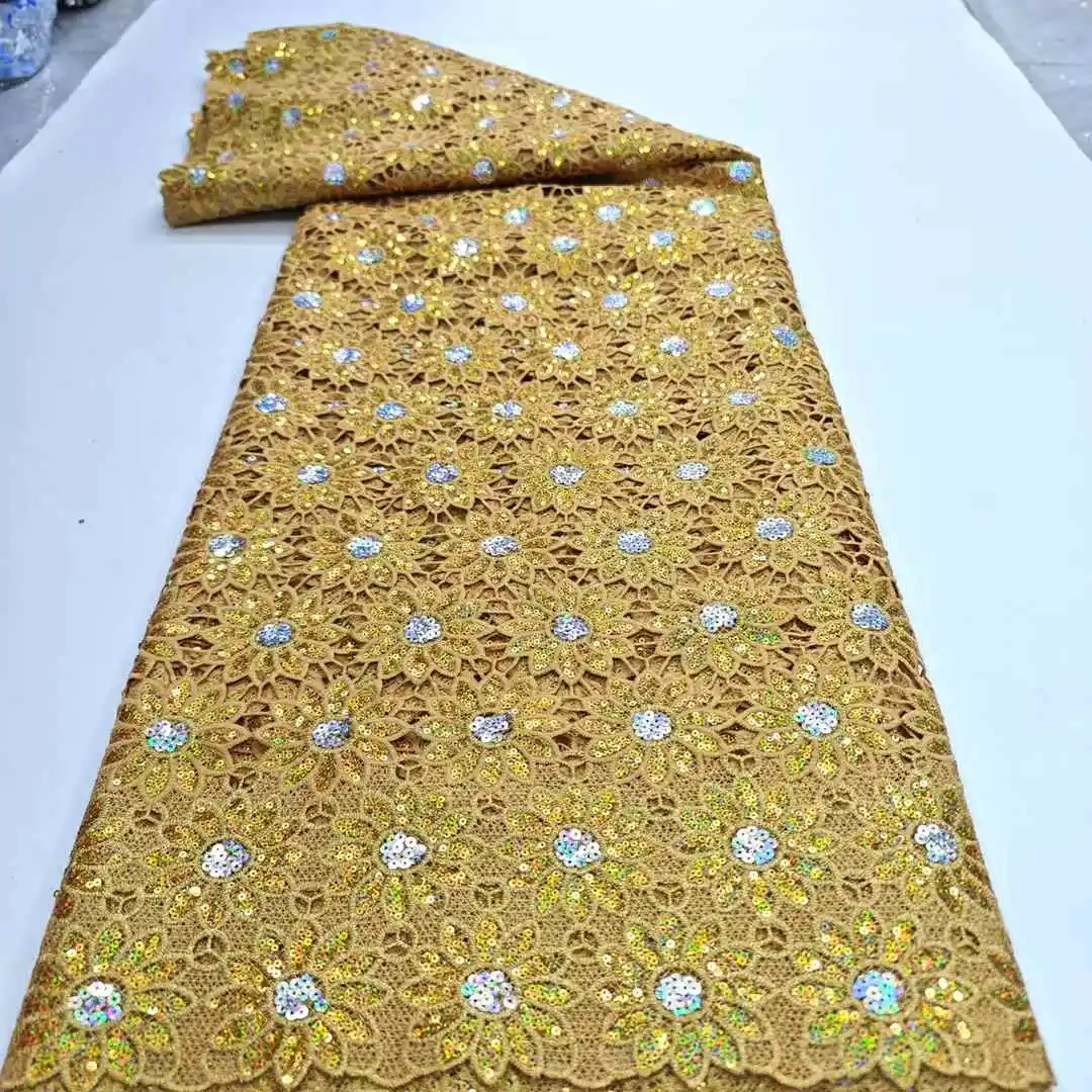 アフリカ ギピュールコードレース生地 2025 高品質 スパンコール付き 水溶性レース生地 刺繍 ウェディングドレス用