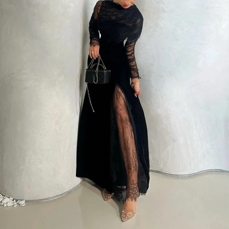 

Temperament Lady Long Sleeve High Waist Party Dress Elegant Solid Color Dresses Fashion Lace Spliced Pleated Slim Evening Dress