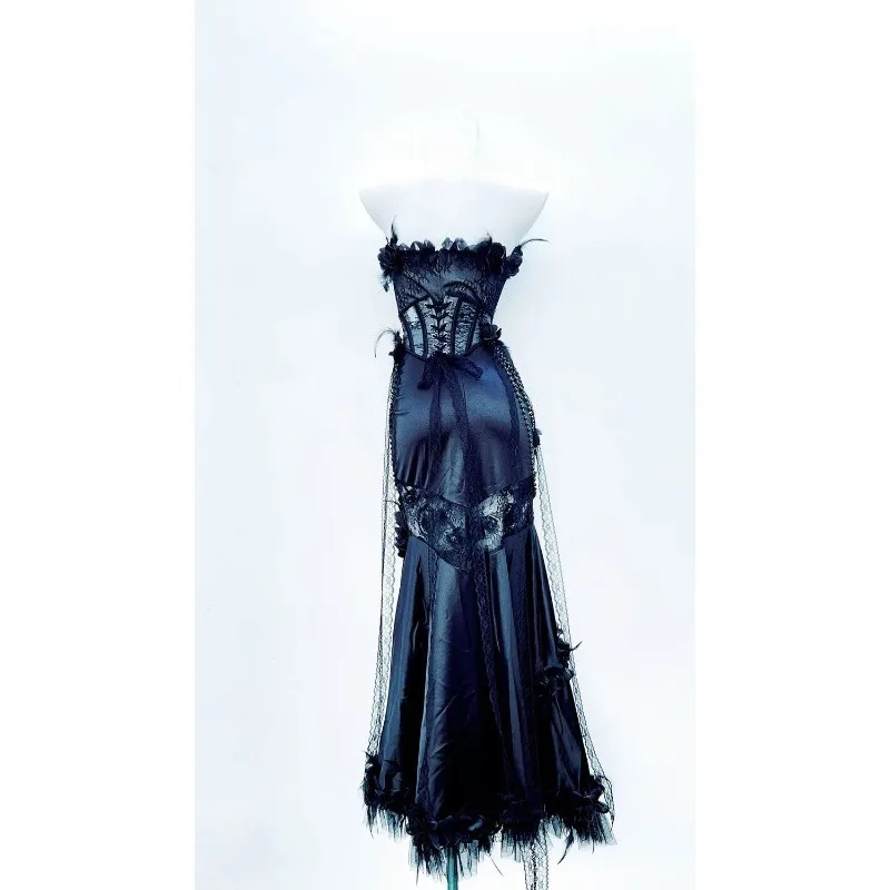 Dark Gray Gothic Lace Mesh Dress Sleeveless Corset Style Long Dress Party Stage Costume Necklace Not Included