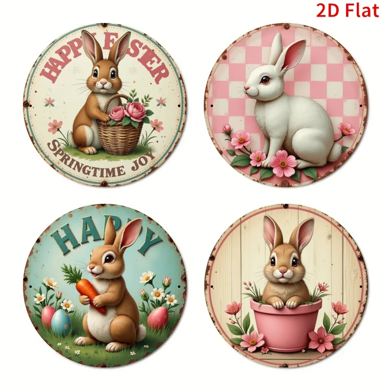 2D Flat, 4pcs, 7.8 Inches, Cute Rabbit Metal Round Sign, Suitable for Bar, Kitchen, Cafe, Home, Living Room, Office Decoration,