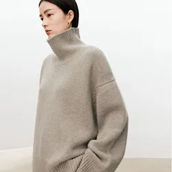 Turtleneck pure cashmere sweater female loose and thick languid lazy wind pullover sweater knitting base WOOL sweater