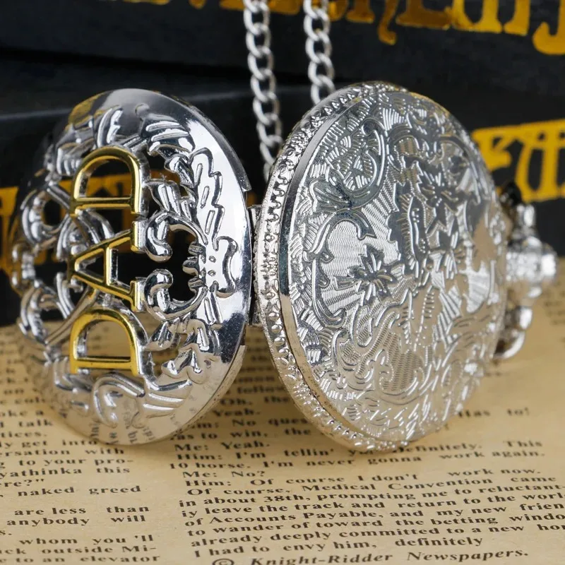 Classic Silver Hollow DAD Quartz Pocket Watch Arabic Numerals Pop Decorative Belt Chain Pendant Clock Men Women Gifts for Father