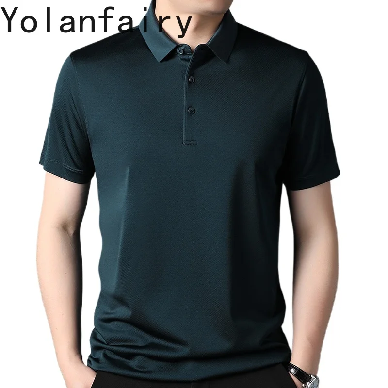 

YOLANFAIRY 100% Mulberry Silk T Shirt Camisa Polo Summer Mens Clothing T Shirts Men High Quality Tee Shirt Homme Loose Fit Tops