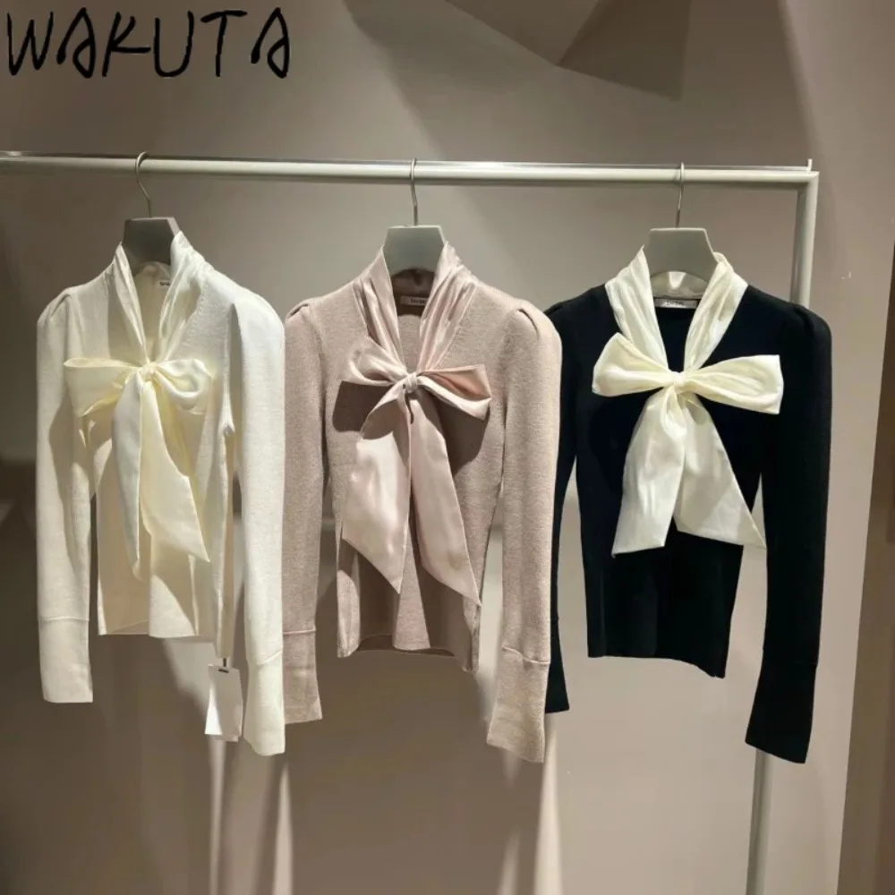 Wakuta-Suéteres de manga puff com gola, monocromáticos, patchwork, slim fit, sweet jumper, malha japonesa, pulôveres casuais elegantes