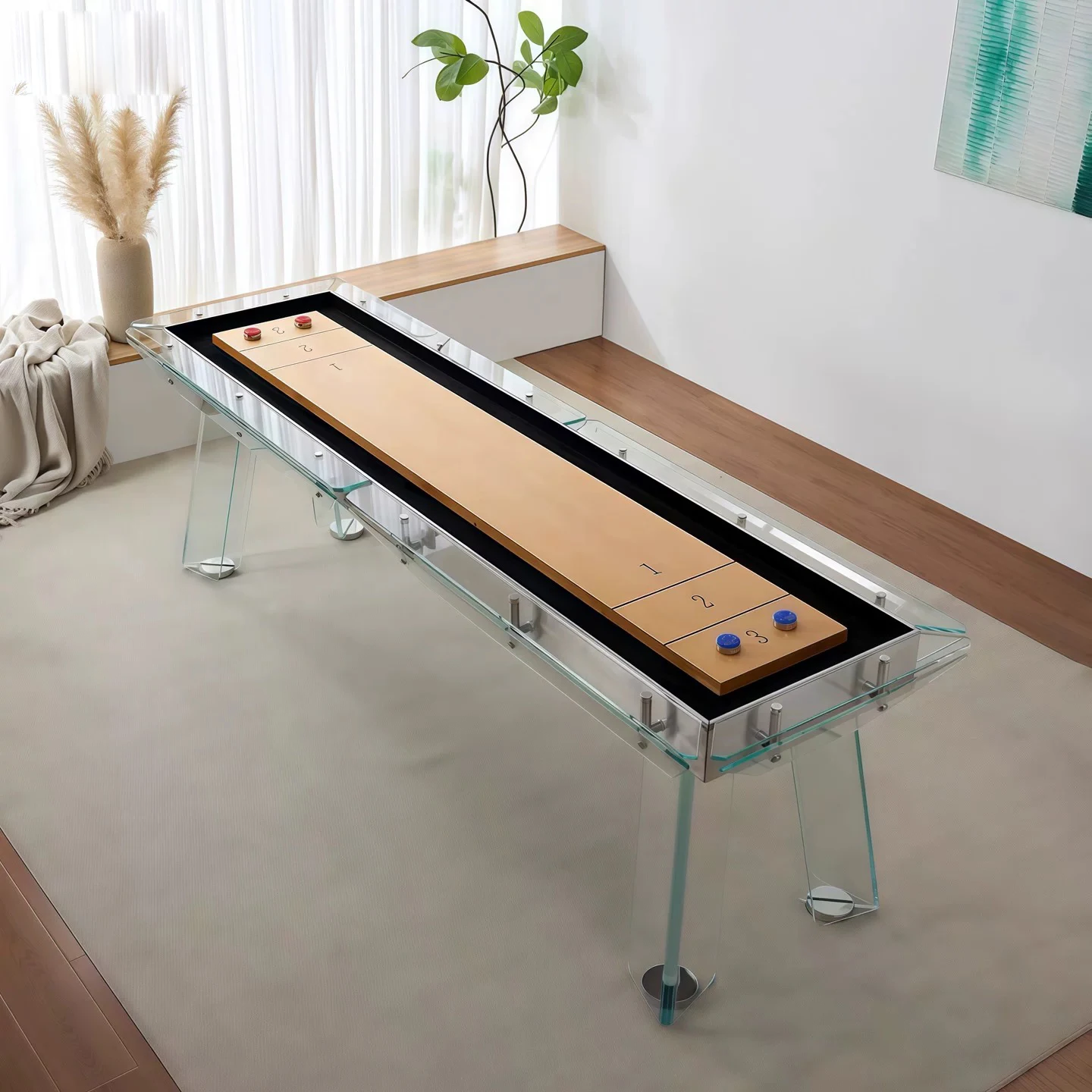 2026 High Quality 9ft Luxury Solid Wood Stainless Steel Clear Glass Shuffleboard Game Table Eco-Friendly Durable Family Indoorpr