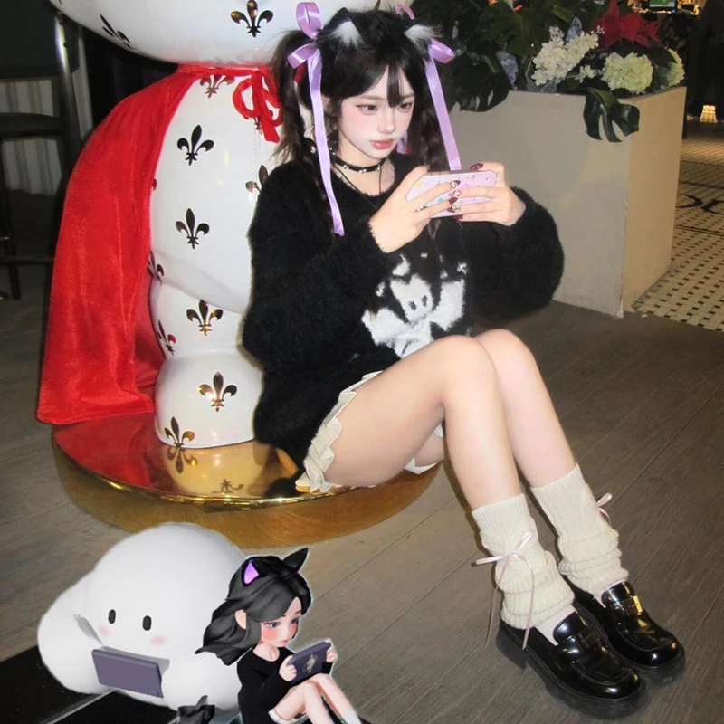 ثقافة فرعية لطيف الملاك الشيطان القط المطرزة فضفاض البلوز سترة خمر Harajuku y2k E-الفتيات kawaii الجمالية الحلو سترة