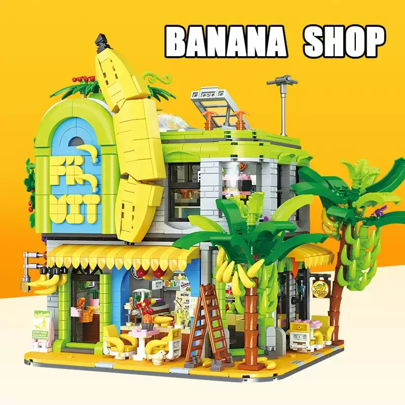 Creative Banana Shape Fruit Shop Street View Series Building Blocks Model Desktop Ornament Gift
