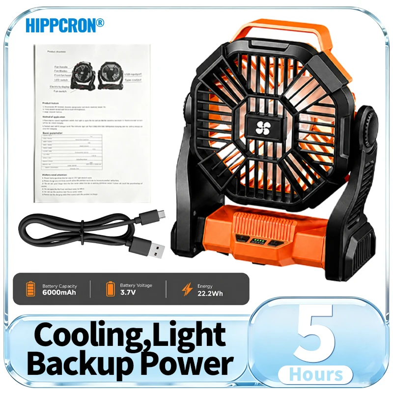 HIPPCRON Rechargeable Portable Fan Operated Fan 3 Speeds 3-Level LED Light USB-C Charging Backup Power for Home Camping Travel