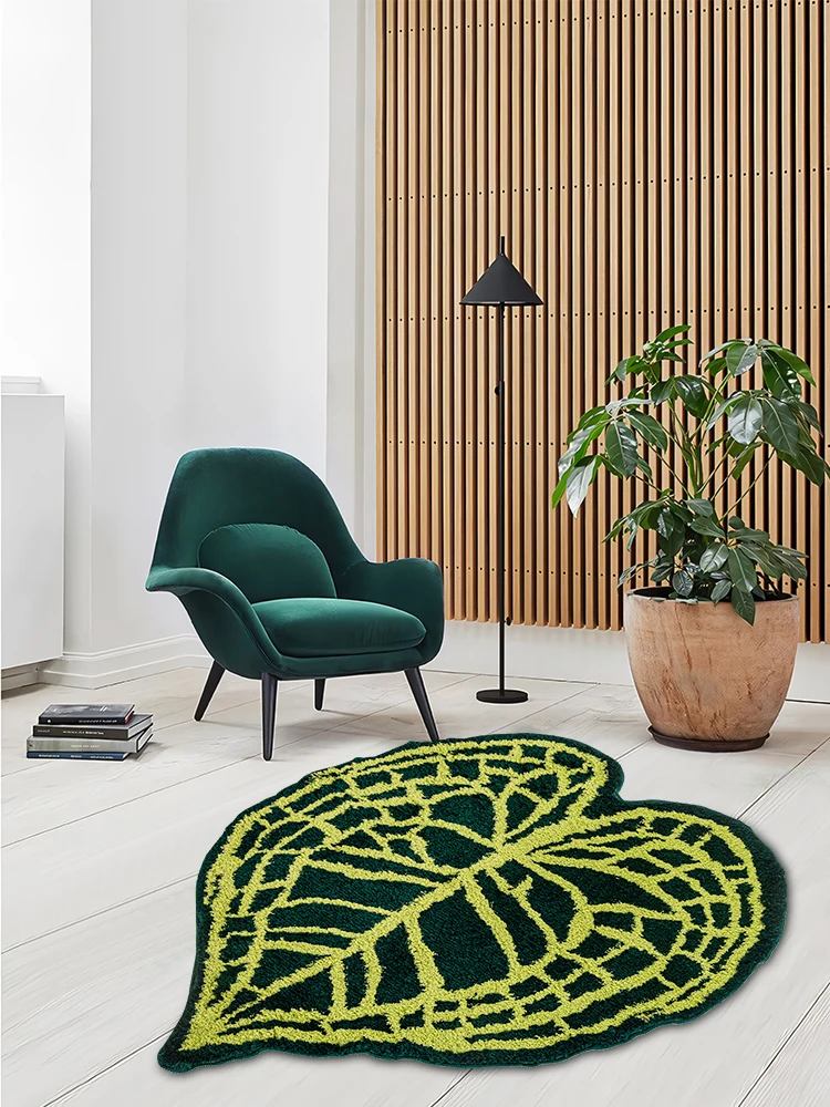 Heart Shaped Plant Anthurium Leaf Tufted Rug Plush Green Tropical Leaf Area Rug for Bathroom Living Room Fluffy Anthurium Mat