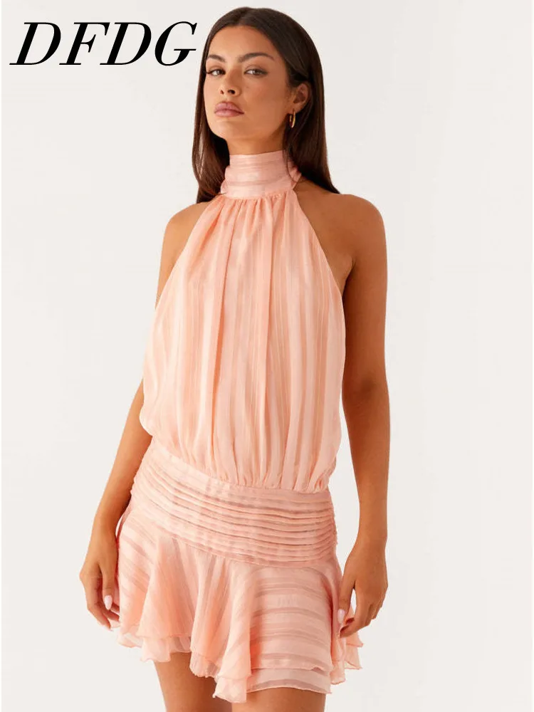 

Женское мини-платье DFDG с бретельками через шею, драпировкой и многоярусными оборками, для повседневной носки, отпуска и свиданий, модное женственное платье 2026 года