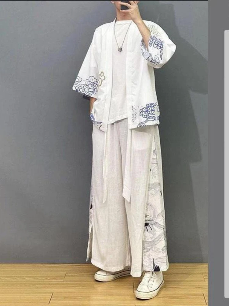 Sommerliche chinesische Eisseide Weite Hosen für Herren mit Taillengürtel, plissiert, lässig, Strand, Oversize, Harajuku Streetwear, Neu, Baumwolle Leinen – Detail 5
