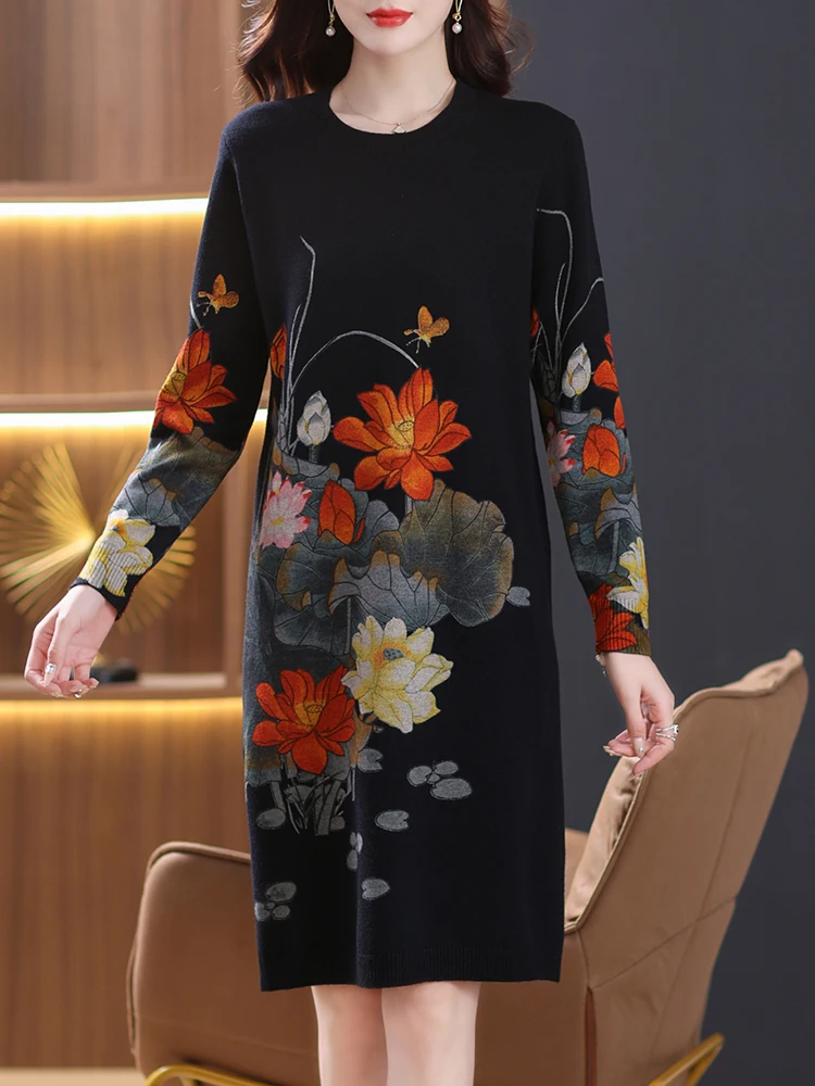 

Print Long Sweaters Dress Spring Women Clothing Long Sleeve Femme Pullover Elasticity Loose Pulls Sweater For Women
