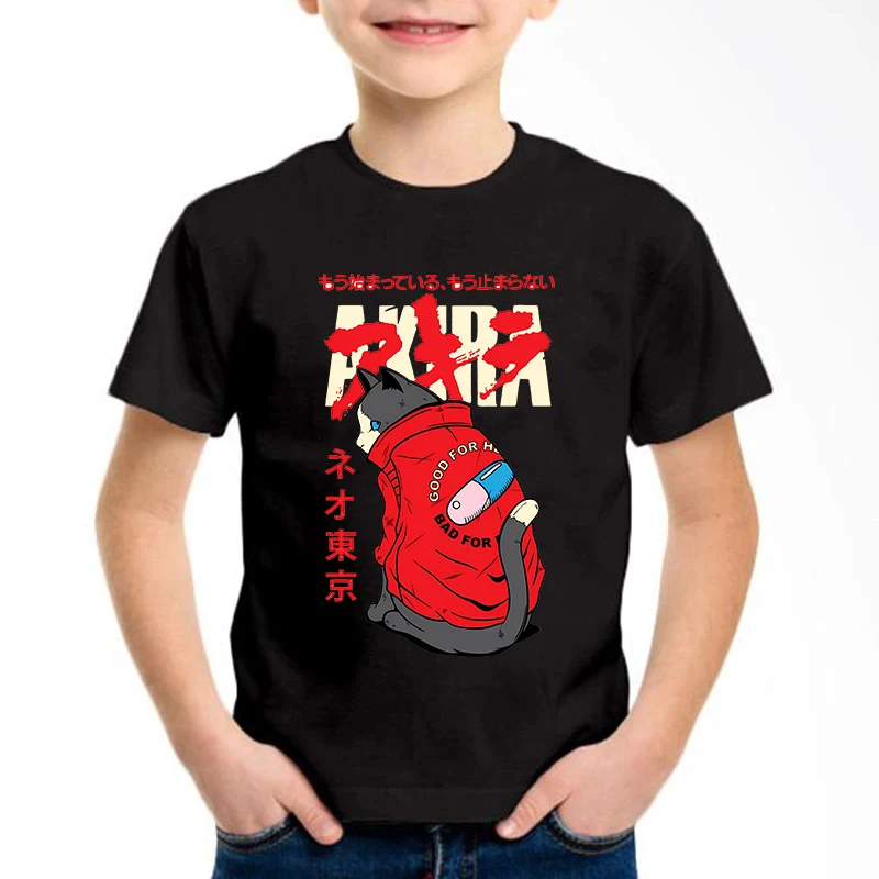 

Футболки с принтом Akira Cat в японском стиле аниме, детские футболки с милым дизайном, повседневные футболки для мальчиков и девочек, летние и весенние повседневные топы