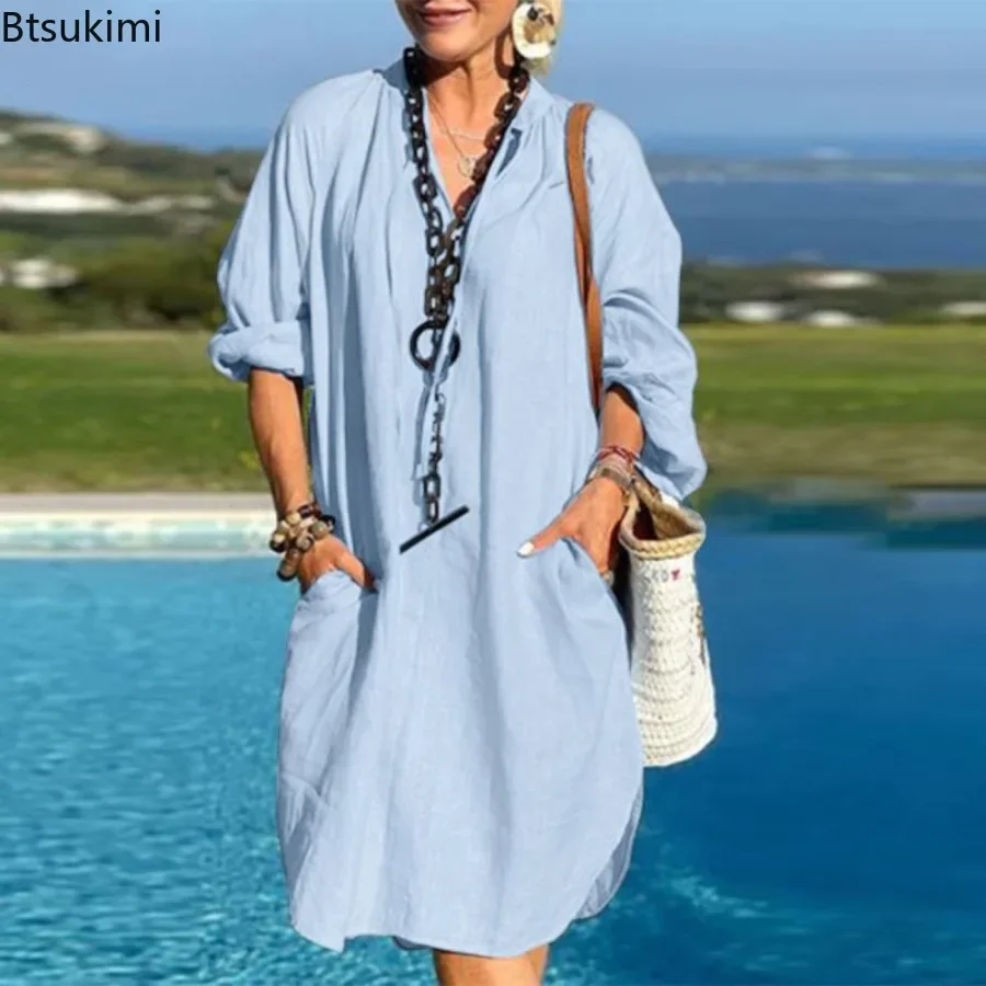 

2024 Women's Casual Oversized Cotton Linen Dress Solid Pocket Casual Dresses Female Elegant Loose Maxi Dress Vestidos De Mujer