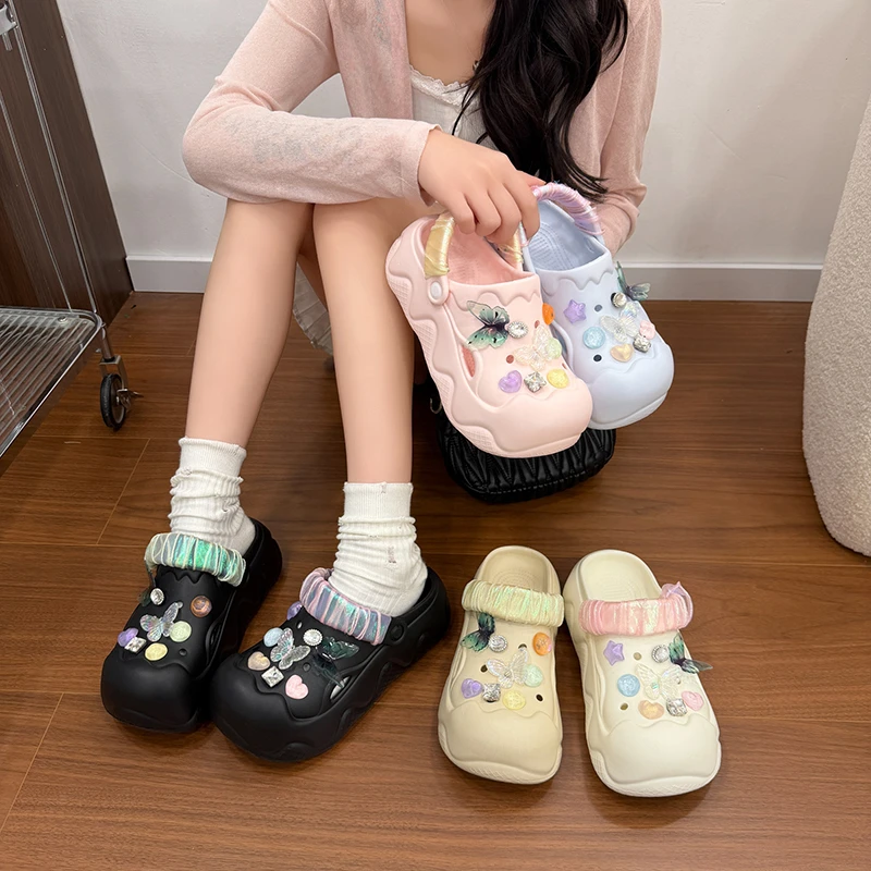 Women Thick Platform EVA Clogs Cute Cartoon Charms Rhinestone Chains Decor Slippers Closed Toe Hollow Out Casual Outdoor Mules