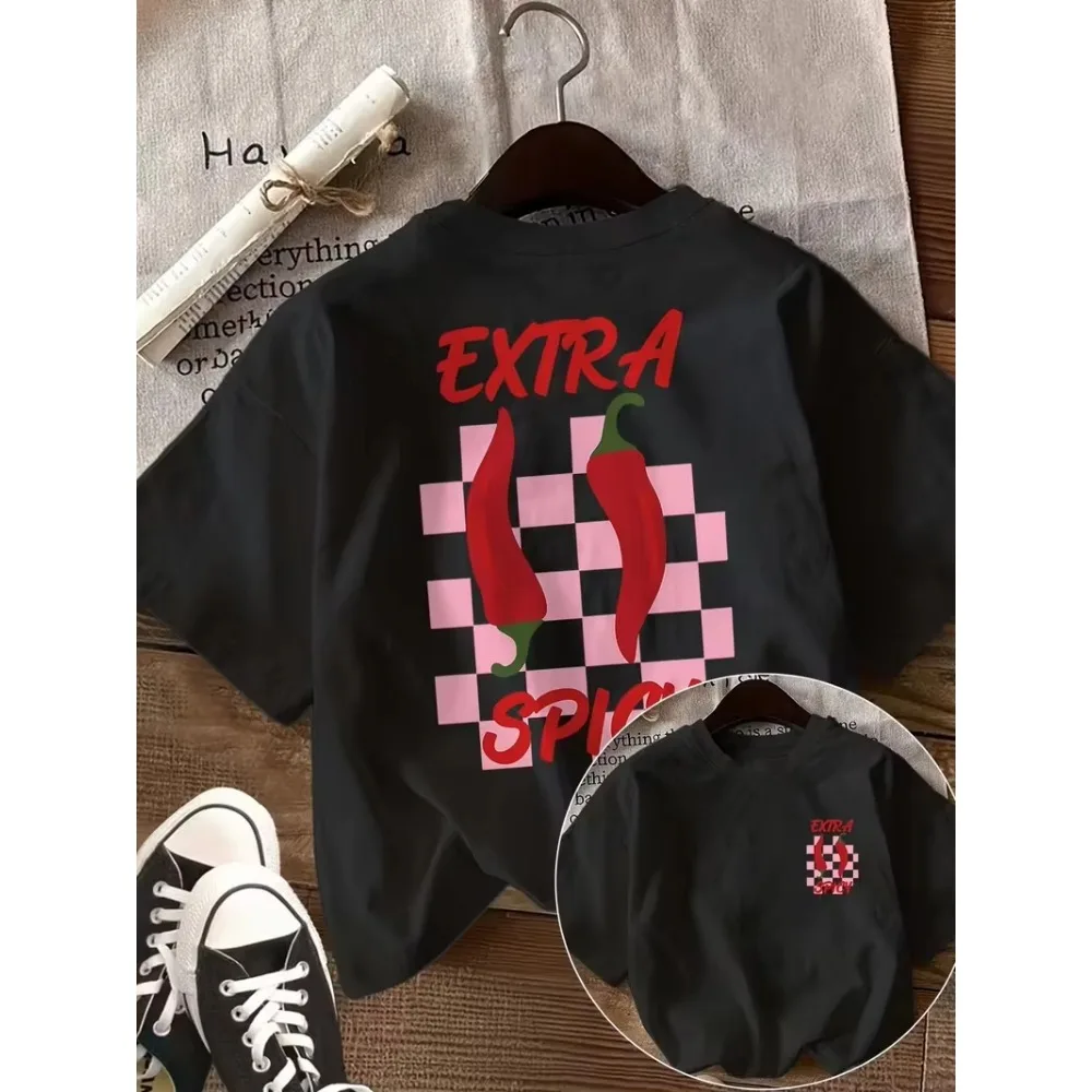 Extra Spicy Chili Print T-shirt Crew Neck Short Sleeve Vintage Double Sided Trendy Summer Casual Cotton Unisex Graphic Tee