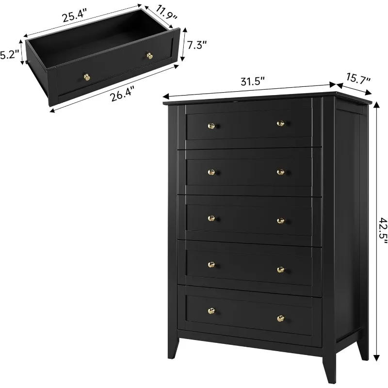 Dresser for Bedroom, Tall 5 Drawer Dresser with Deep Drawers & Metal Knobs, Modern Wooden Chests of Drawers