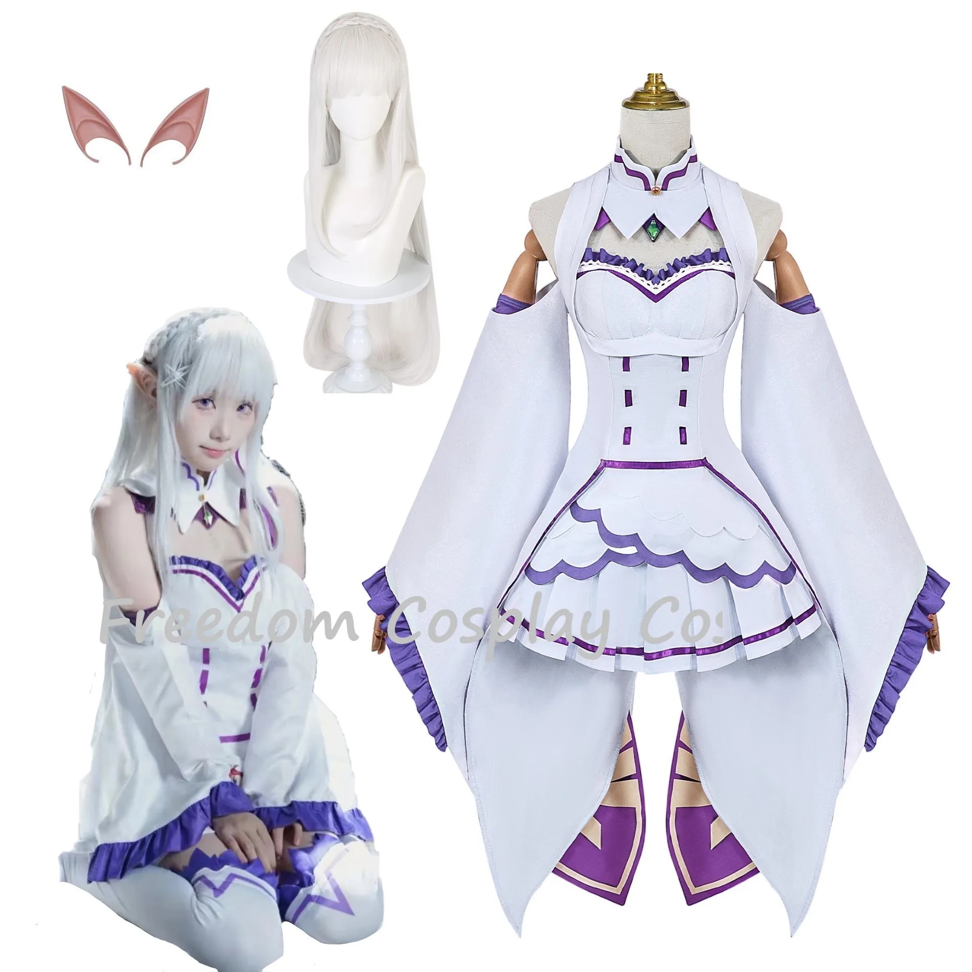 

Emilia Rezero Cosplay Costume Cloak Wig Anime Re Zero Cosplay Halloween Party Maid Uniform Outfits for Women