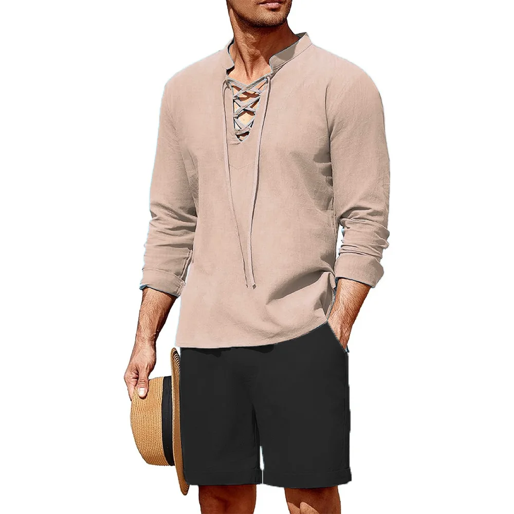 

2 Pieces Men's Cotton Linen Set Summer Beach Outfit Henley Yoga Lace Up Long Sleeve Shirt and Short Hawaiian Shirts Summer