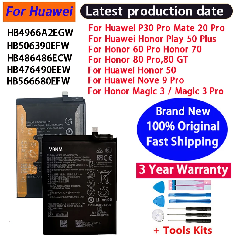 HB486486ECW Battery For Huawei P30 Pro/ Mate 20 Pro /Honor 50 Plus X7B 50 60 70 80 Pro 80 GT Nova 9 Pro Magic 3 Pro Batteries