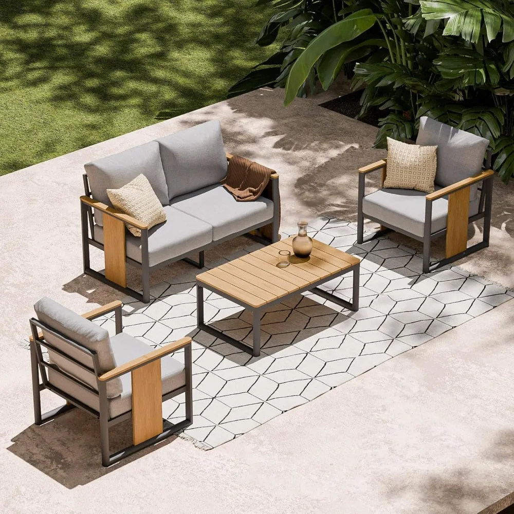

Outdoor Patio Furniture Set,4-Piece Sectional Sofa with Coffee Table,Washable Thick Cushions,Modern Patio Conversation Set