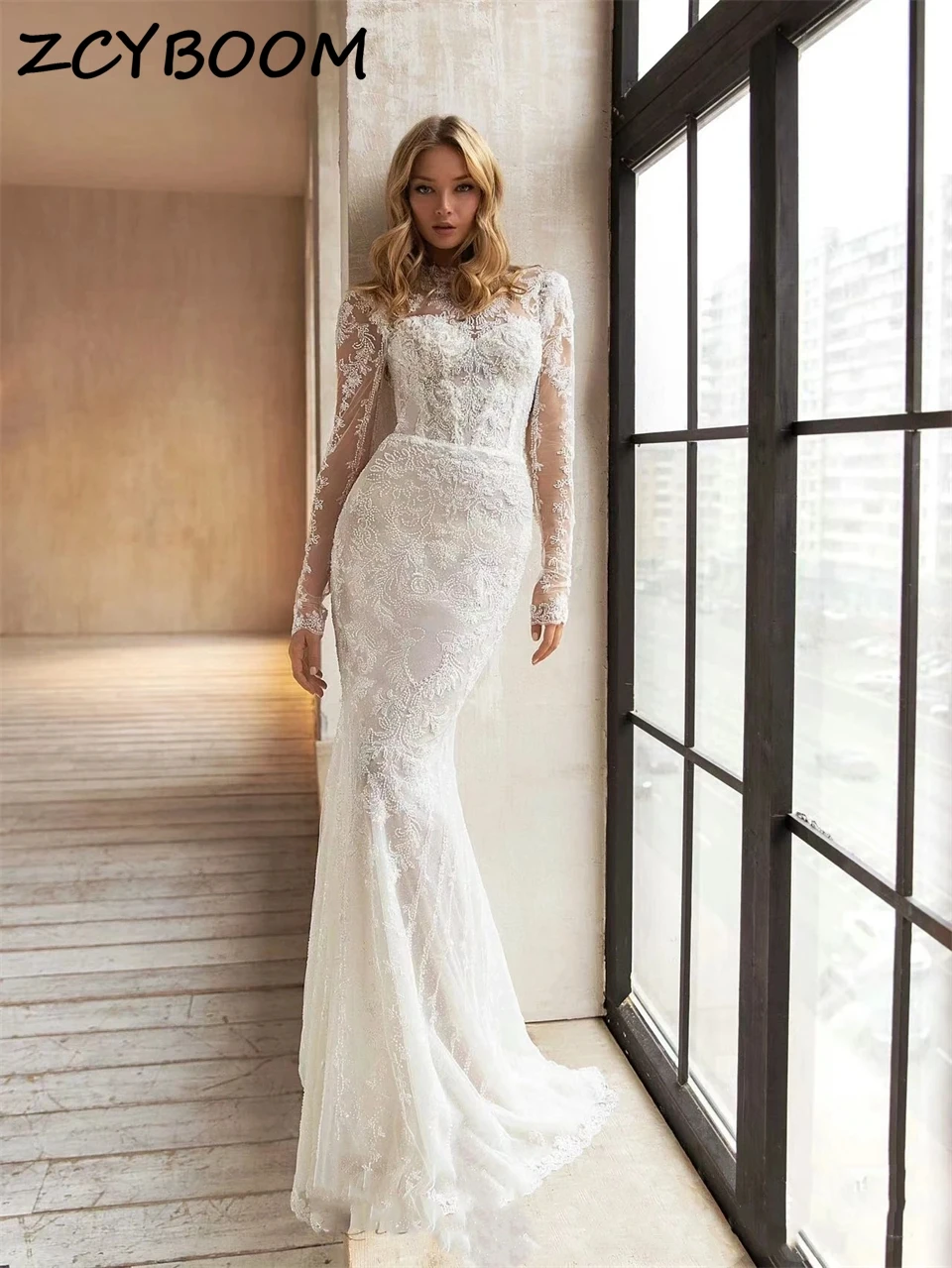 

Customized Lace Tulle High Neck Beading Mermaid Wedding Dresses For Women 2024 Detachable Train Bridal Gown Vestidos De Noiva