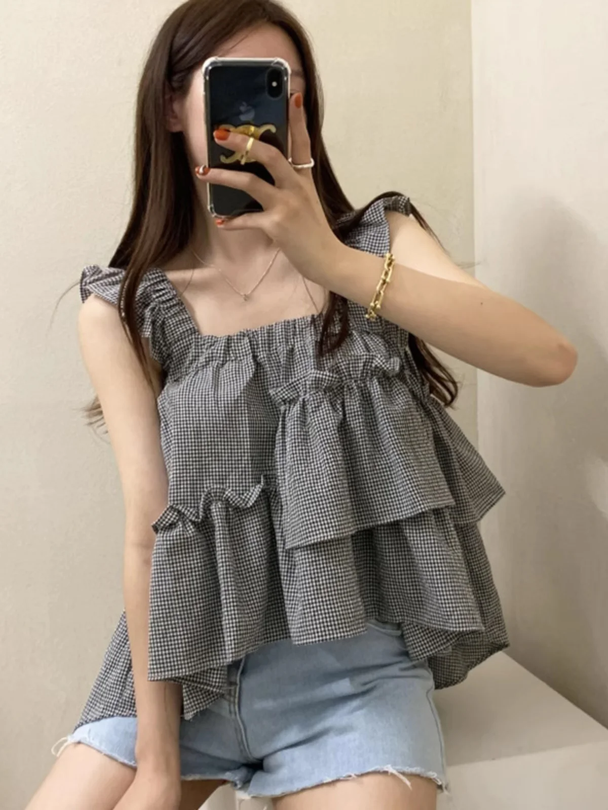 Sweet Summer Chic Women's Strap Vest Fly Sve Fine id Asymmetrical Age Reduction Top Commute Sle Regular Length Loose Fit