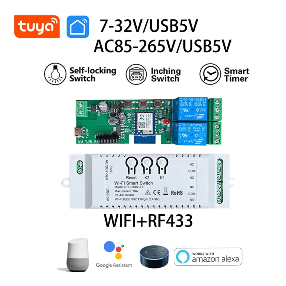 7-32V/85-265V WIFI  elay Switch Module Smart Life APP Smart Remote Control Switch Work with Alexa Google Home 2CH RF 433MHZ