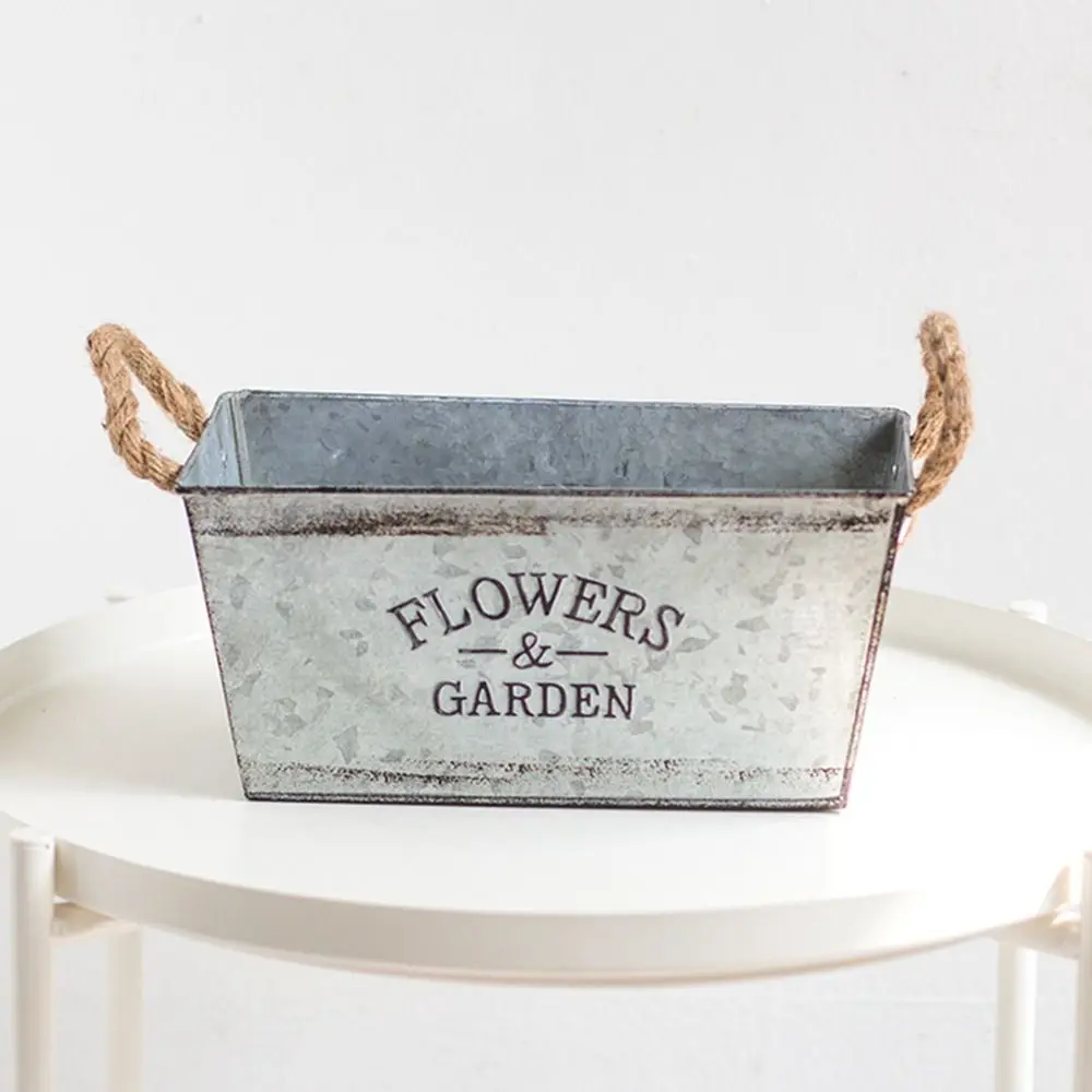 Thickened Iron Flower Pots Furniture Decor Galvanized Retro Plant Container Shabby Rectangular Flower Bucket Garden