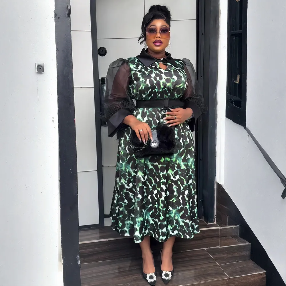 Africa Clothing Mesh Feather Sleeves Maxi Dress Women Elegant African Dresses For Woman Turn Down Collar High Waist A Line Dress