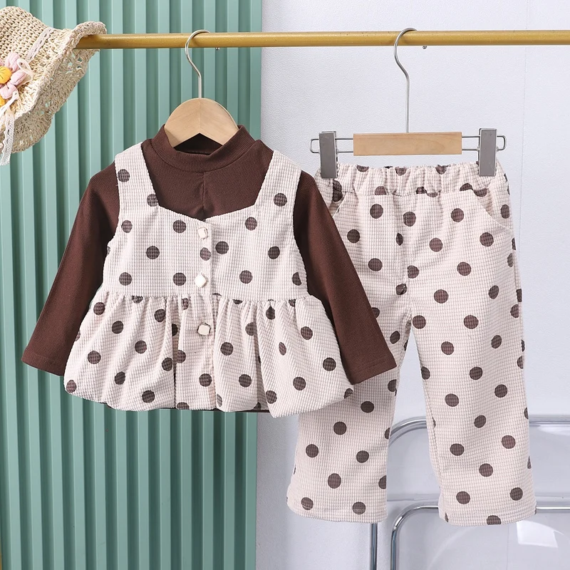 Autumn Spring Girls Vest 3 Pieces Clothes Set Baby Girl Wave Point Vest +Cotton Shirt +Pant Suit Warm Children Jacket Outfits