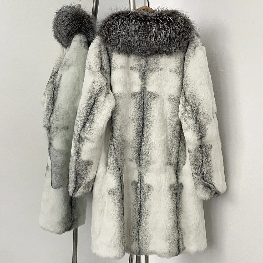 Chaqueta de piel de realidad para mujer, cuello de piel de zorro auténtica, abrigo de piel de conejo Natural grueso y cálido de lujo de longitud media para otoño e invierno