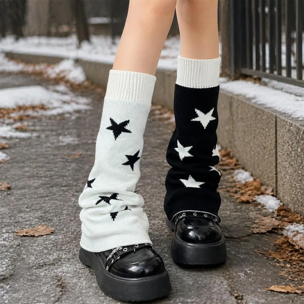 Asymmetric Knit Leg Warmers Double-sided Stretch Knitted Slouch Boot Cuffs Lolita Style Five-Point Star Pattern Wide Leg Warmers