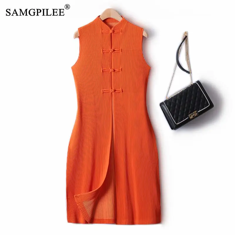 

Sleeveless Vests Female Summer 2022 New Standing Collar Buckle Pleated Vest Layered Slim Over Knee Solid Gashion Women's Vest