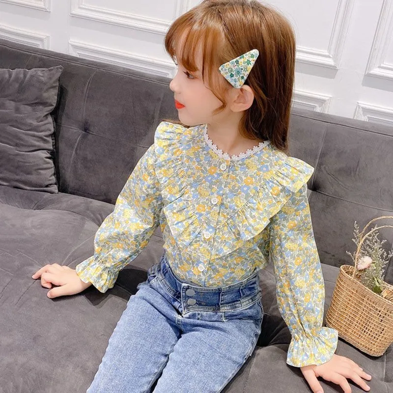 

Floral Print Cotton Cardigan for Girls Long Sleeve Autumn 2026 New Style Stylish Children's Blouse Medium Large Size Cotton Top