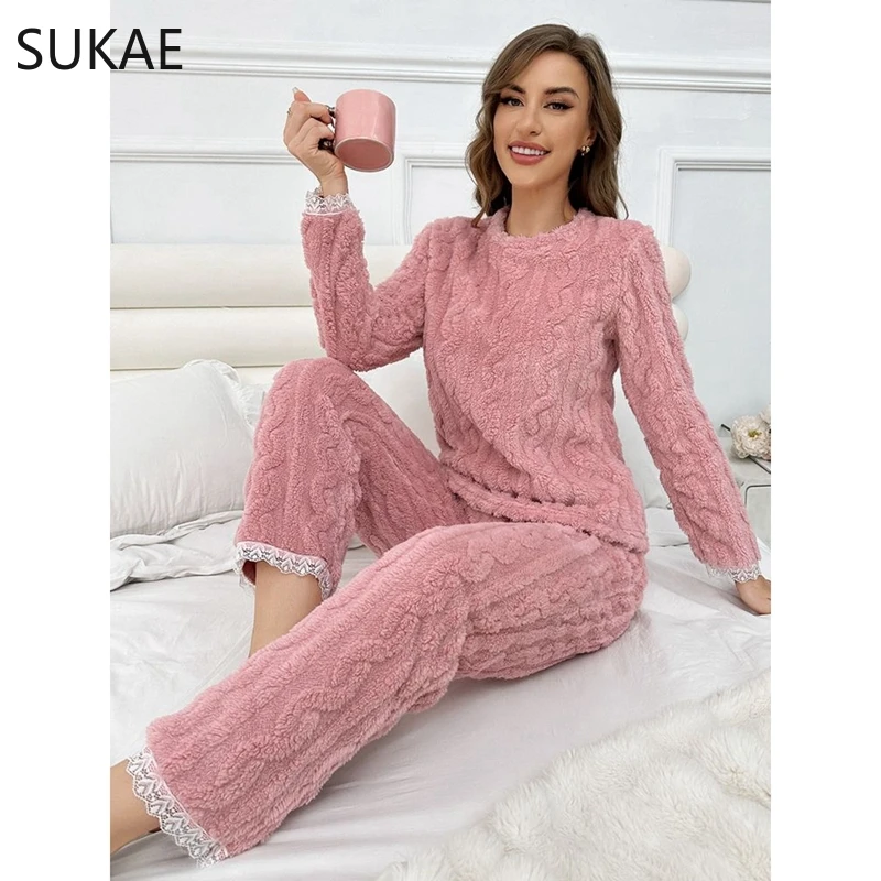 SUKAE Pink Elegant Jacquard Flannel Lace Cuff Women Winter Thermal Pajamas Lady Sleepwear Fluffy Homesuit Long Sleeves Pijama