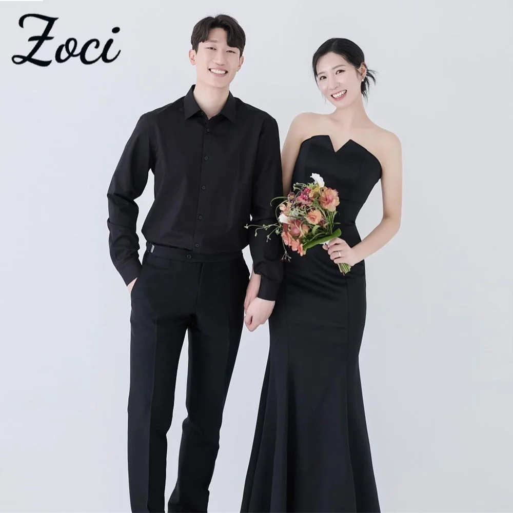 Zoci Simple V Neck Black Korea Wedding Photos Shoot Dresses Strapless Elastic Satin Wedding Gown Customized Formal Party Dresses