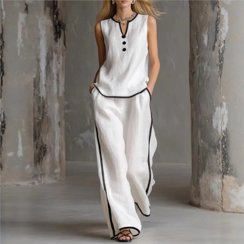 

Casual Women Loose 2 Piece Set V-Neck Sleeveless Button Vest Top+Elastic Waist Wide-leg Pants Suit Summer Ladies Outfit Matching