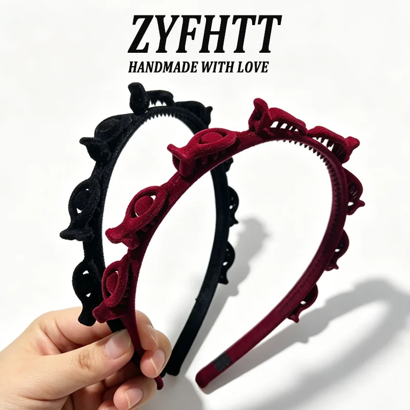 1/3 Stück ZYFHTT Rot-Schwarzes Beflocktes Geflochtenes Stirnband für Frauen Retro Vielseitiger Haarreif Modisches Mädchen-Stirnband Haaraccessoires – Detail 9