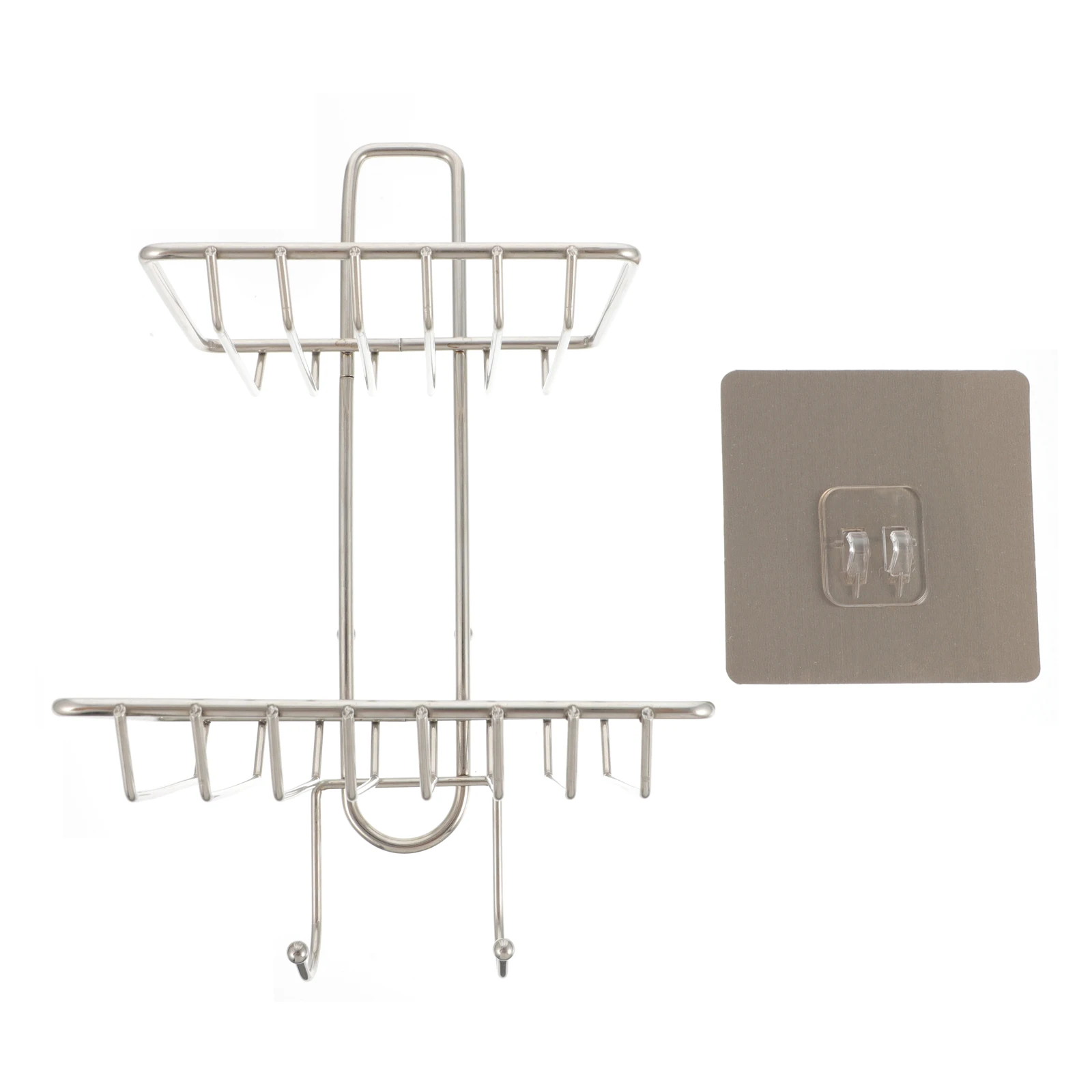

Stainless Steel Soap Holder Hollow Design Punch Free Rack Storage Shelf Bathroom Items Container Wall Mount Double Hooks