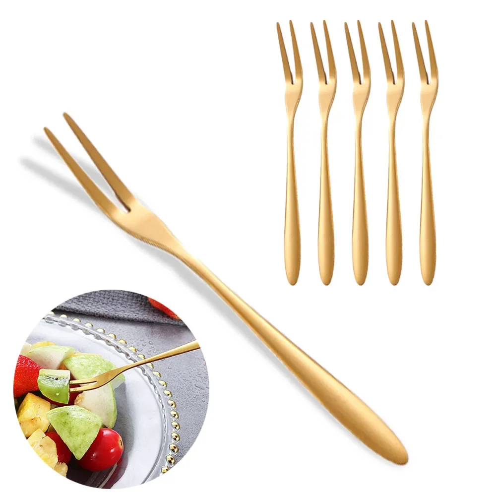 6Pcs Stainless Steel Fruit Fork Small Toothpick Multifunctional Fruit Stick Gold Moon Cake Knife Food Picks Kitchen Accessories