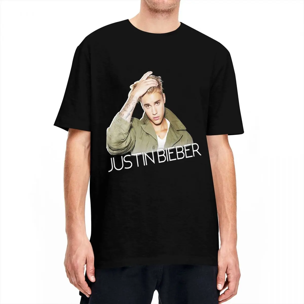 Justin Bieber Cut Out Jacket T Shirt Men's Cotton Tops Streetwear Round Neck Short Sleeve