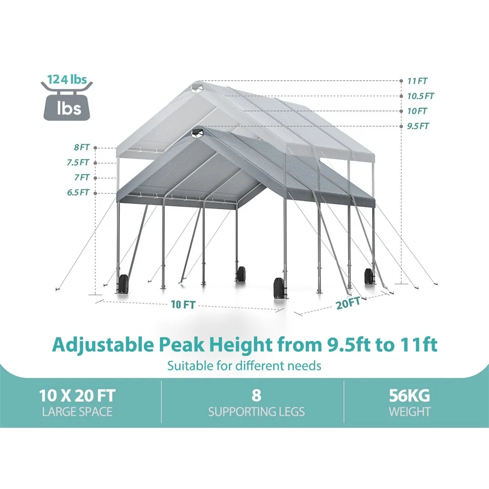 10 * 20 Heavy Duty Carport Canopy - Extra Large Portable Car Tent Garage with Adjustable Peak Height from 9.5ft to 11ft, Carport