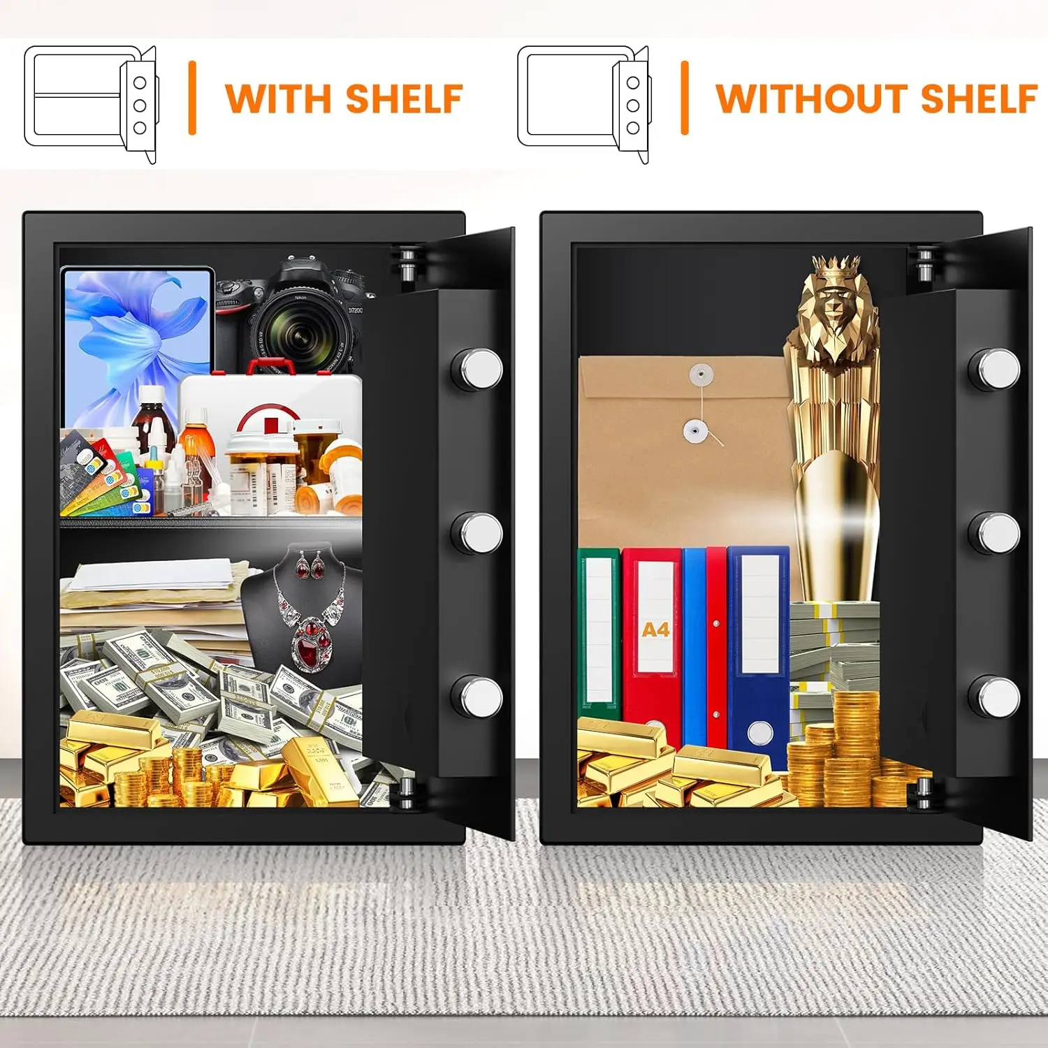 3.8 Cub Large Fireproof Safe for Home Use, Digital Home Safes Water and Fireproof with Backup Keys and Alarm System, Anti-Theft