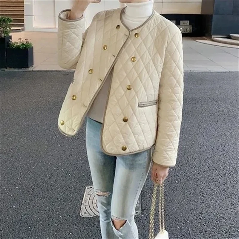 Fall/Winter 2023 New European Women Round Neck Double-breasted Small Fragrance Diamond Lattice Light Short Cotton-padded Clothes