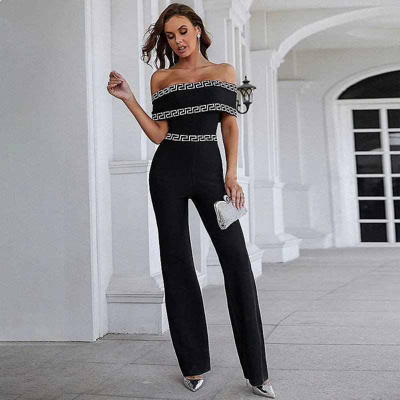 Spring Summer Fashion Wide Leg Jumpsuit Women Black Off Shoulder Print Overall Playsuit
