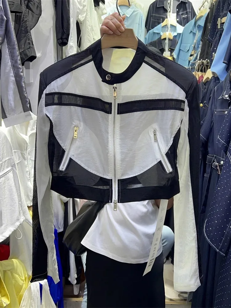 

Female Trendy 2025 Summer New Item Contrasting Color Design Sunscreen Clothing Versatile Fashion Round Neck Short Coat